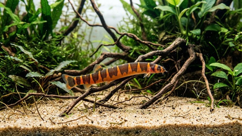 una locha kuhli con forma de pequeña anguila rayada en naranja y negro deslizándose entre la arena clara del fondo y unas raíces de un acuario plantado, agua cristalina y ambiente tranquilo