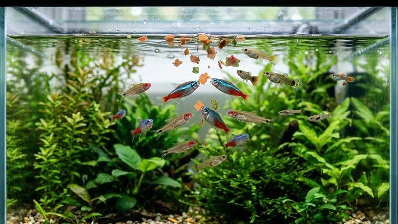 escamas de comida cayendo lentamente sobre la superficie del agua de un acuario plantado, con peces pequeños subiendo hacia la superficie a comer, agua cristalina y plantas verdes de fondo