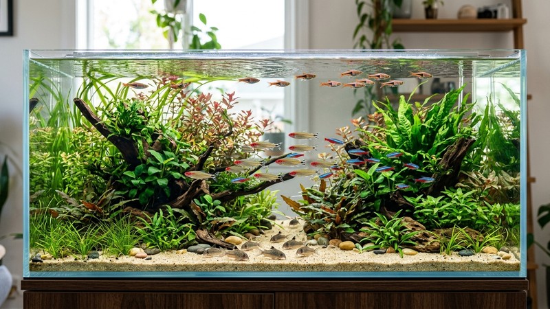 un acuario plantado muy equilibrado y lleno de vida, plano general de frente, con peces nadando en las tres franjas de altura a la vez, superficie, media agua y fondo de arena poblados, plantas exuberantes y agua completamente cristalina