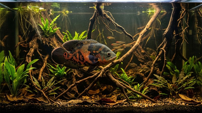 un acuario amazónico amplio con troncos, raíces y agua ligeramente ambarina, con un pez óscar grande nadando entre la decoración
