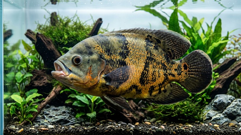 un pez óscar adulto de perfil mostrando su cuerpo alto y comprimido y su boca grande, en un acuario espacioso de agua clara