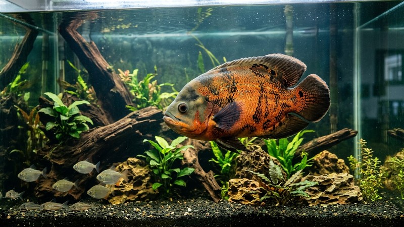 un enorme pez óscar adulto ocupando buena parte de un acuario muy grande, que transmite su gran tamaño frente al volumen del tanque