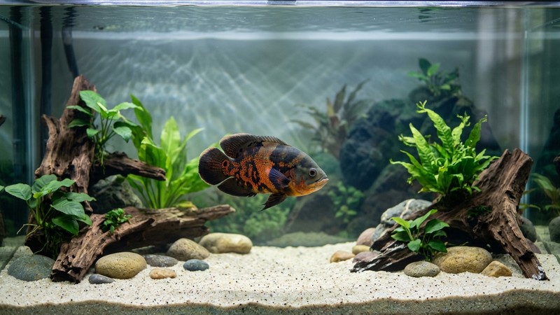 un acuario de gran volumen con abundante agua cristalina y espacio abierto para nadar, con un pez óscar vistoso desplazándose despacio