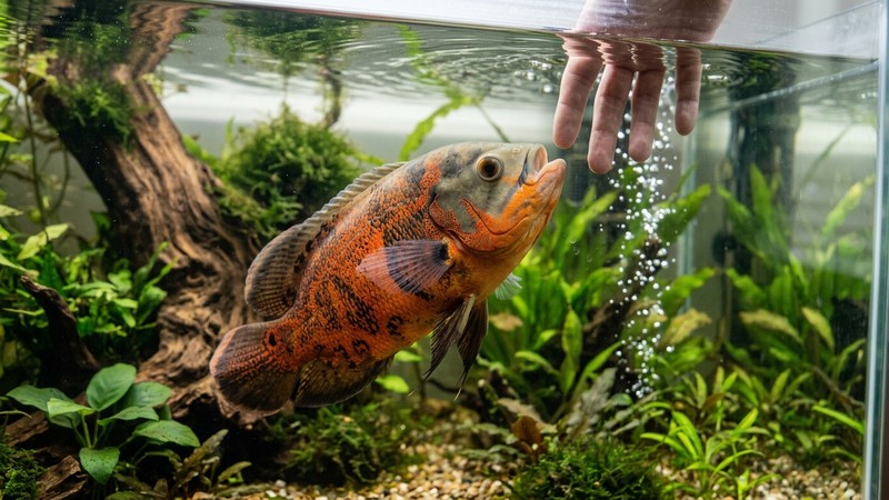 un pez óscar acercándose al cristal del acuario hacia la mano de una persona en la superficie del agua, en actitud sociable