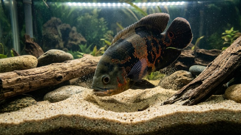 un pez óscar removiendo el sustrato de arena del fondo del acuario, formando pequeños hoyos entre rocas y troncos