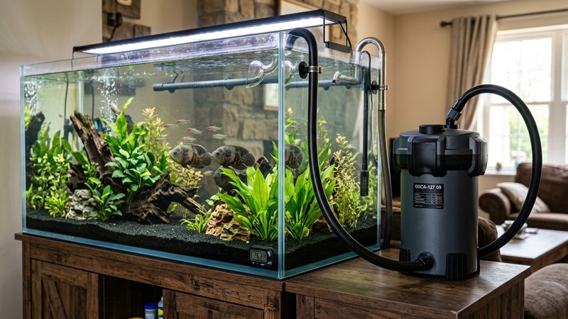 un filtro tipo canister junto a un acuario grande de agua cristalina, con las mangueras y el equipo bien instalados