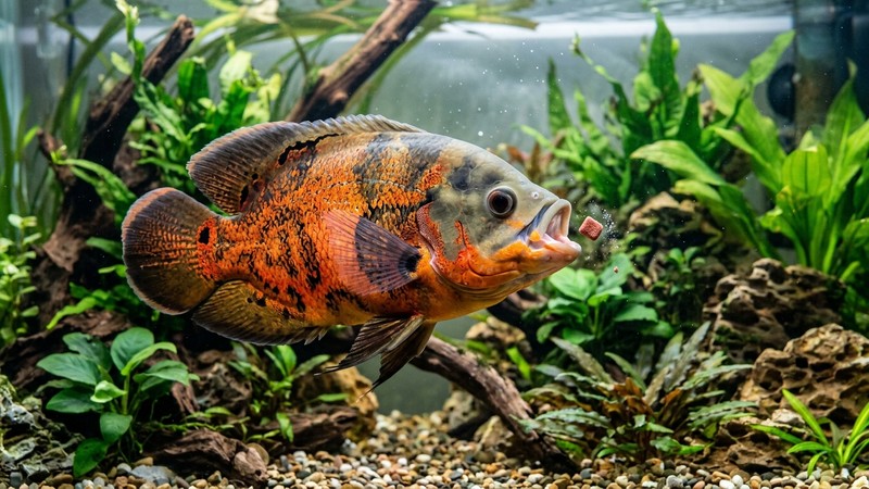 un pez óscar sano y vigoroso capturando alimento en un acuario limpio, con colores vivos y agua muy clara