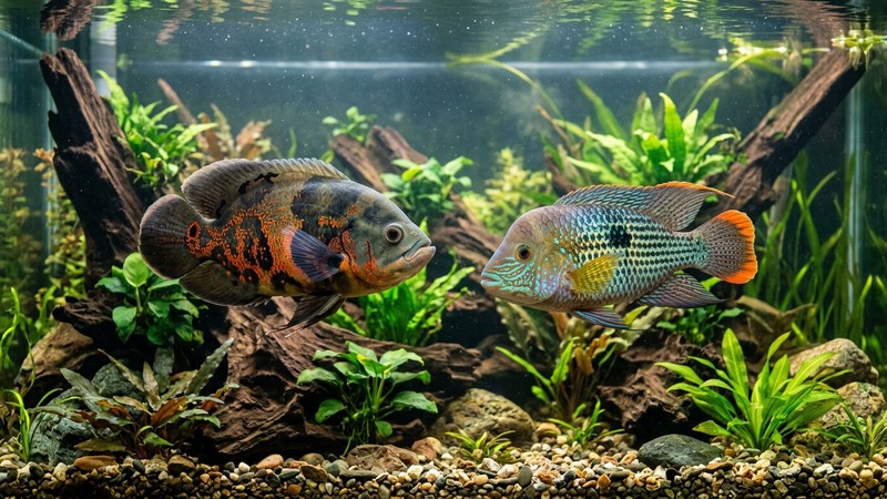 un pez óscar grande compartiendo un acuario enorme con otro cíclido robusto de talla similar, ambos sanos y con espacio de sobra