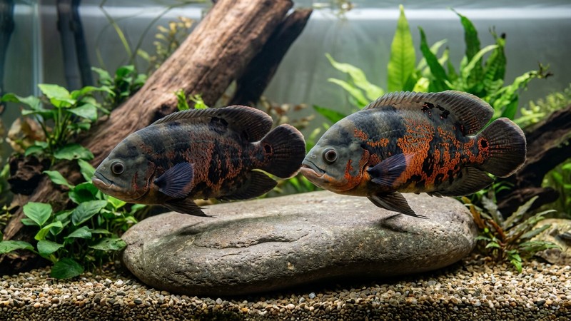 una pareja de peces óscar junto a una roca plana limpia en un acuario espacioso de agua cristalina