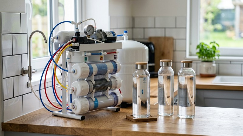 un equipo de ósmosis inversa doméstico con sus filtros cilíndricos y varias garrafas de agua transparente en reposo al lado, todo apoyado sobre una superficie ordenada