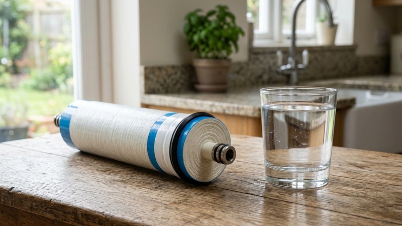 una membrana de ósmosis inversa cilíndrica en reposo junto a un vaso de agua muy cristalina