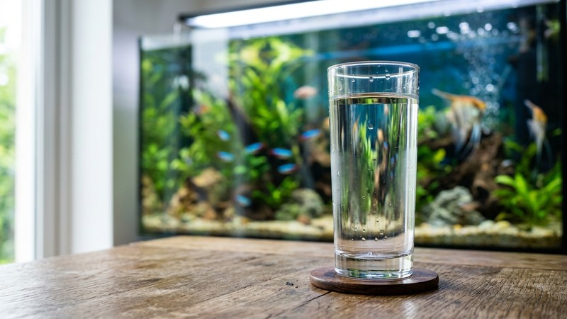 un vaso alto de agua totalmente cristalina y transparente sobre una mesa, con un acuario limpio desenfocado al fondo