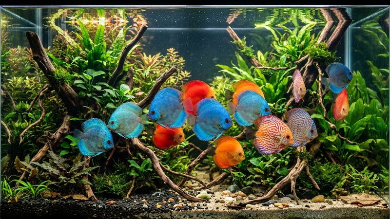 un acuario de peces disco de colores vivos nadando en agua muy clara entre raíces y plantas