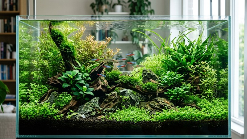 un acuario plantado frondoso con plantas verdes sanas y agua cristalina, estilo naturalista