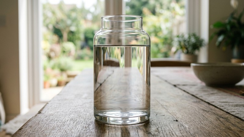 un recipiente de vidrio con agua pura totalmente transparente en reposo, iluminado con luz suave