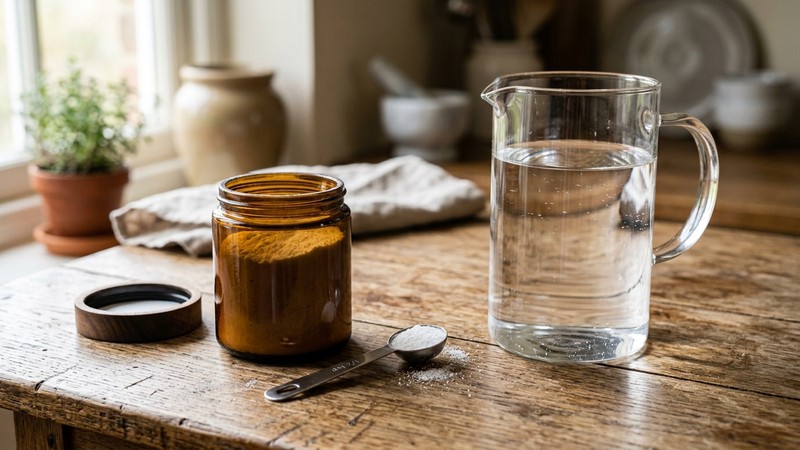 un bote abierto de sales de remineralización en polvo y una cuchara medidora en reposo sobre una mesa, junto a una garrafa de agua clara