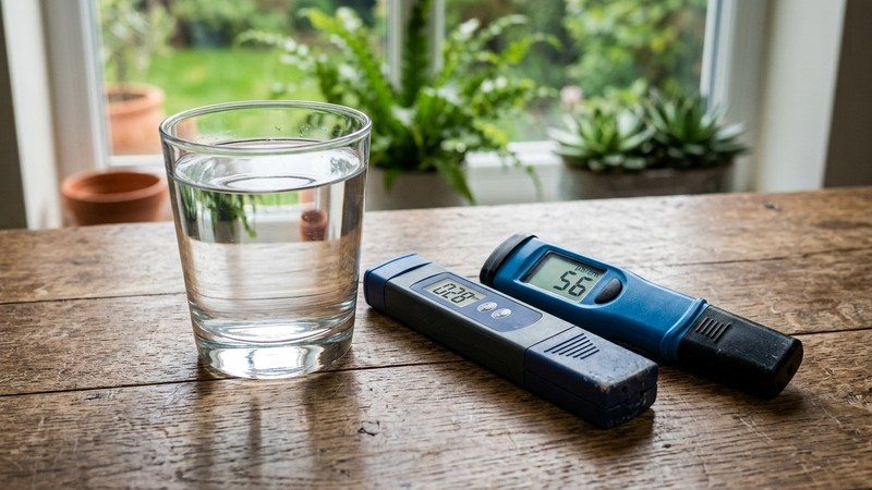 un medidor de TDS y un conductímetro digital en reposo sobre una mesa junto a un vaso de agua cristalina
