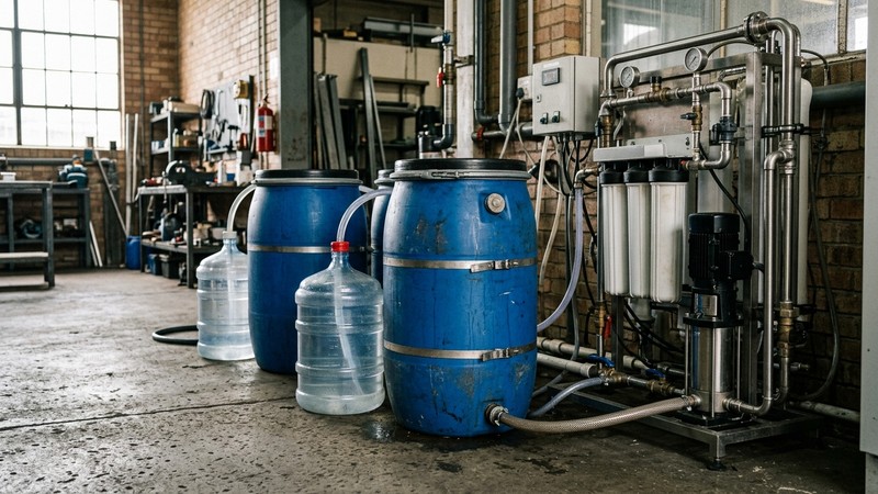 varias garrafas y bidones de agua de ósmosis en reposo alineados junto a un equipo de filtración