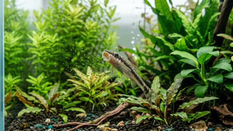 un otocinclo pegado al cristal de un acuario limpiando puntos de algas verdes, con plantas nítidas al fondo y agua cristalina