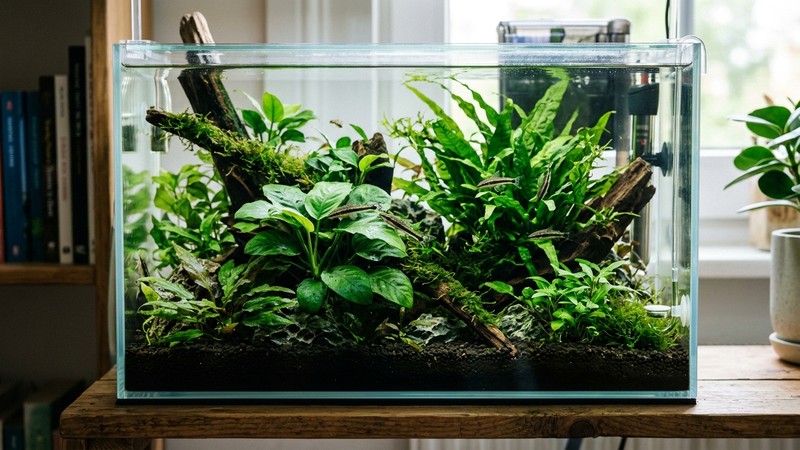 un pequeño nano acuario plantado y comunitario con varios otocinclos diminutos entre plantas de hoja ancha y agua clara
