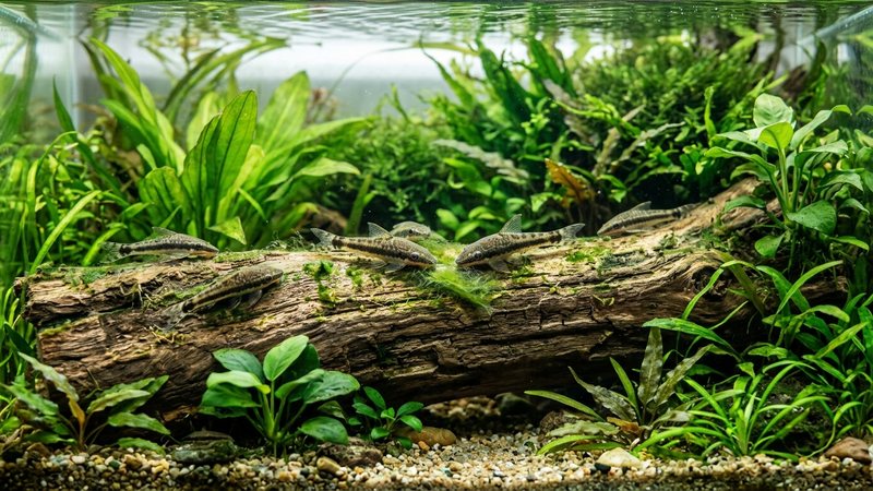un grupo de otocinclos raspando algas sobre un tronco de madera natural sumergido en un acuario espacioso y bien plantado