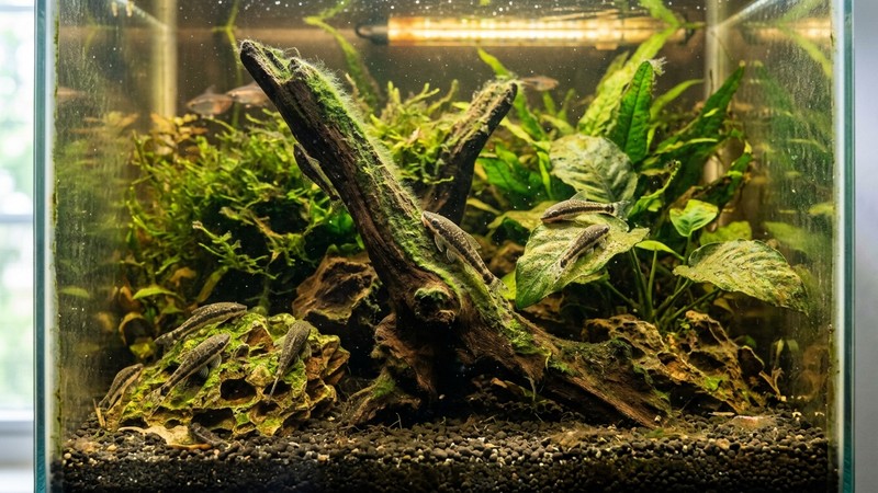 un acuario maduro y bien establecido con decoración cubierta de una capa natural de algas y biofilm, y varios otocinclos alimentándose