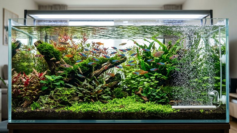 un acuario plantado exuberante y cristalino con una cortina de burbujas finas subiendo de un difusor en el fondo, la superficie del agua ondeando y peces coloridos nadando activos entre las plantas
