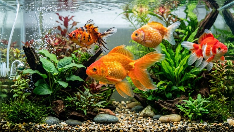 un primer plano de peces de colores vivos y vigorosos nadando enérgicos en un acuario plantado bien oxigenado con el agua muy limpia