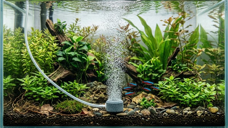 un difusor de piedra en el fondo de un acuario plantado soltando una columna de burbujas muy finas que suben hacia la superficie