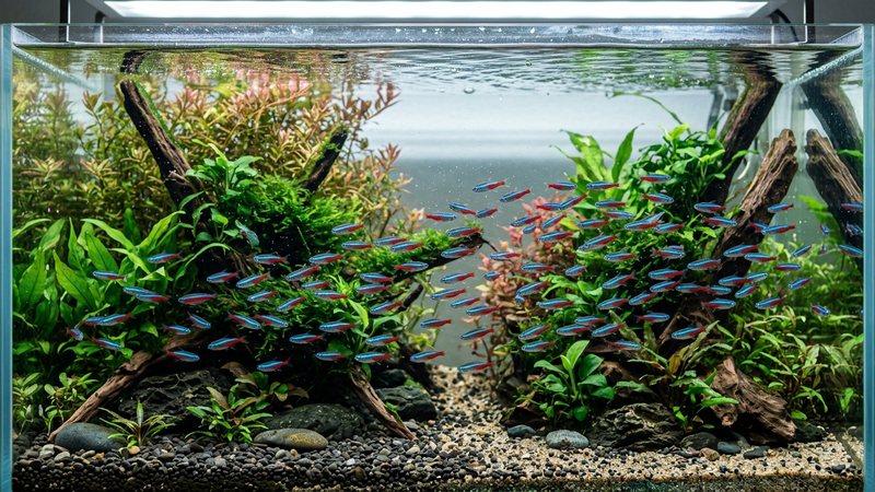un cardumen de peces pequeños y activos nadando juntos en un acuario plantado y bien oxigenado con agua cristalina