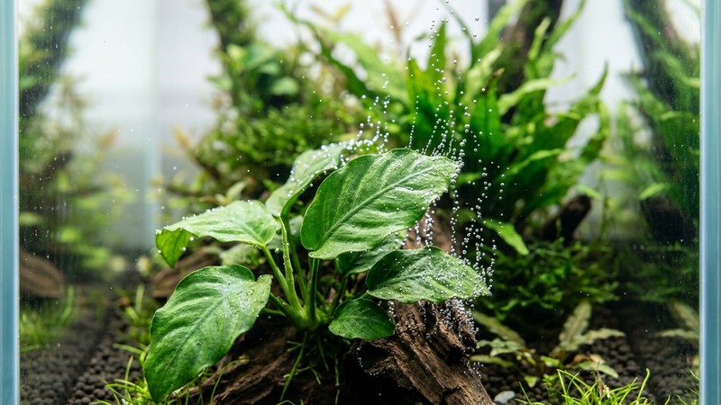 un primer plano de plantas acuáticas verdes perladas soltando diminutas burbujas de oxígeno desde sus hojas dentro de un acuario limpio