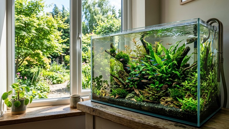 un acuario plantado junto a una ventana en un día de verano, con el agua cristalina en movimiento y peces activos, y luz de sol entrando