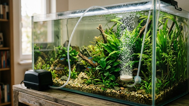una bomba de aire con manguera conectada a un difusor en un lateral del acuario, soltando una cortina de burbujas finas junto a plantas verdes