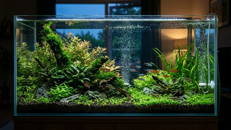 un acuario plantado al anochecer con luz tenue y natural, un difusor soltando burbujas finas y peces tranquilos entre las plantas