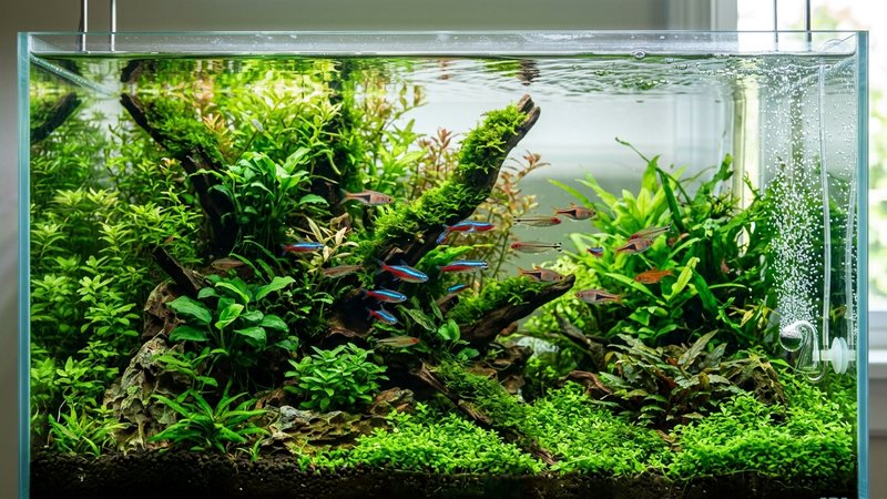 un acuario densamente plantado con abundante vegetación verde sana, peces activos y una fina cortina de burbujas subiendo en un lateral