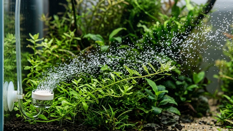 un primer plano de burbujas muy finas subiendo de un difusor mientras la corriente del acuario se las lleva de lado entre las plantas