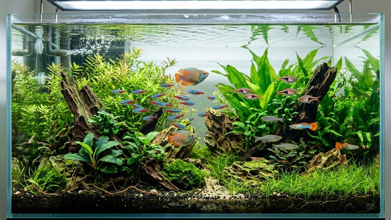 un acuario equilibrado y sano con peces coloridos y activos, plantas exuberantes y la superficie del agua en movimiento suave