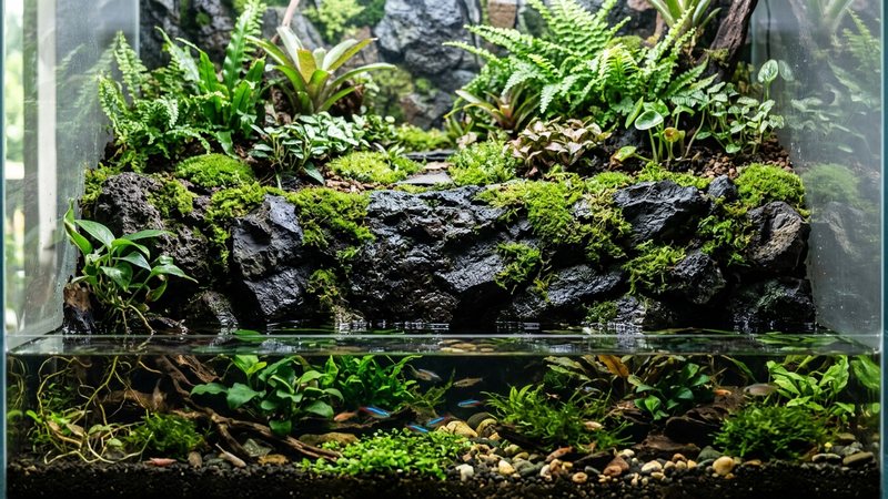 la sección de un paludario donde una pared de roca oscura separa claramente la parte baja con agua de la parte alta con tierra y plantas, desnivel marcado, musgo empezando a colonizar la piedra