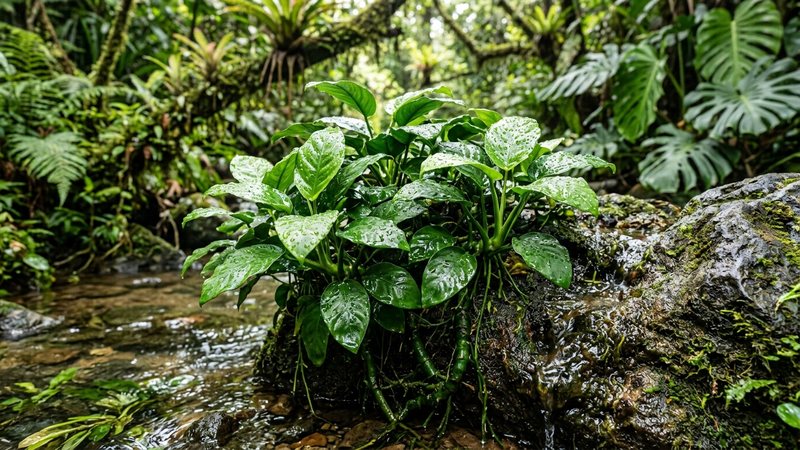 plantas anubias de hojas verdes intensas y brillantes creciendo emergidas fuera del agua, agarradas a una roca húmeda, con gotas de agua sobre las hojas y un fondo de vegetación tropical