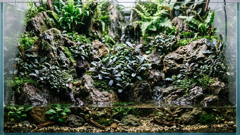 matas de bucephalandra colocadas entre piedras de un paludario, rellenando los huecos entre bolos de roca, aspecto de selva en miniatura, verdes profundos y textura densa