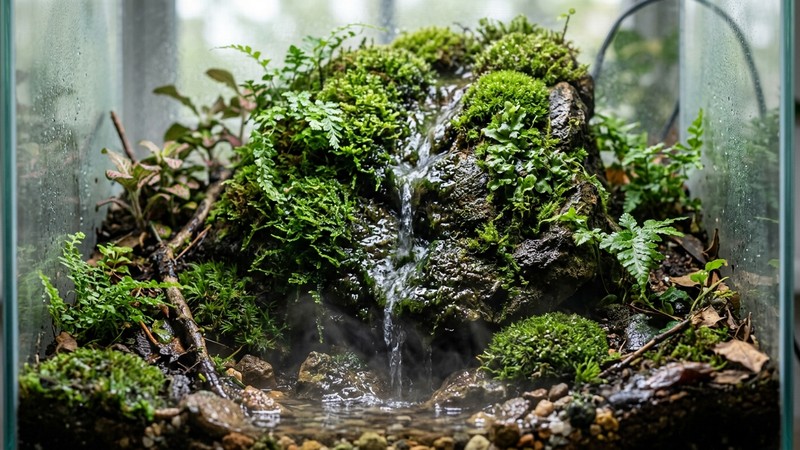 una cascada de musgo verde intenso extendiéndose sobre una roca húmeda dentro de un paludario, el musgo cubriendo la piedra de forma natural, agua cayendo suavemente y generando vapor