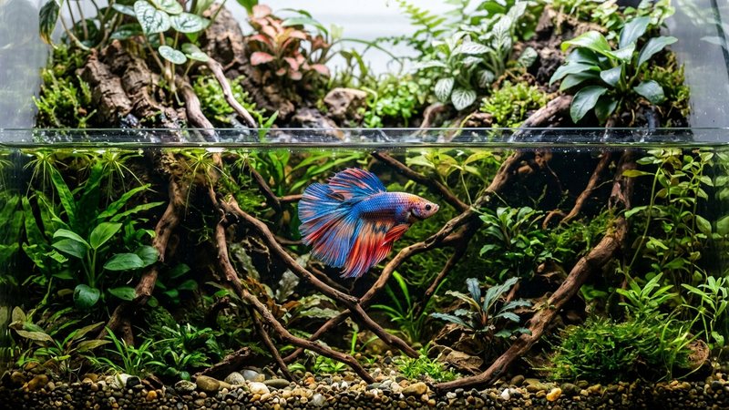 un betta de aletas largas y colores vivos nadando en la zona acuática de un paludario, entre raíces y plantas, agua limpia y transparente, plantas emergidas asomando por encima de la superficie