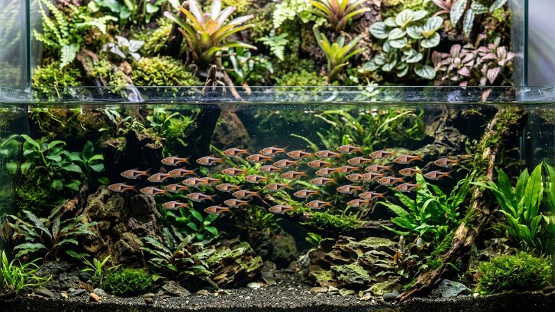 un cardumen de pequeños peces rasbora arlequín moviéndose por el frente de la zona acuática de un paludario, banco compacto y ordenado, agua cristalina, rocas y plantas al fondo