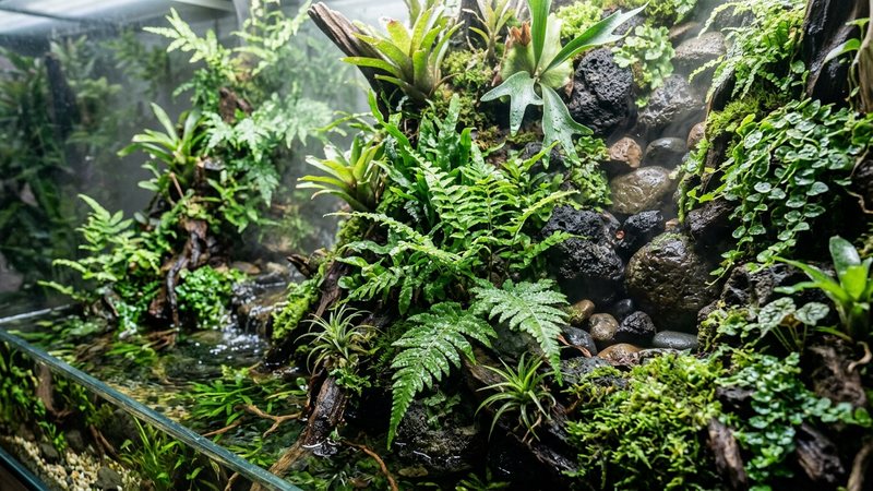 helechos y plantas epífitas creciendo emergidas en el desnivel de un paludario, follaje verde colgando entre las rocas del talud, ambiente húmedo con gotas y niebla ligera