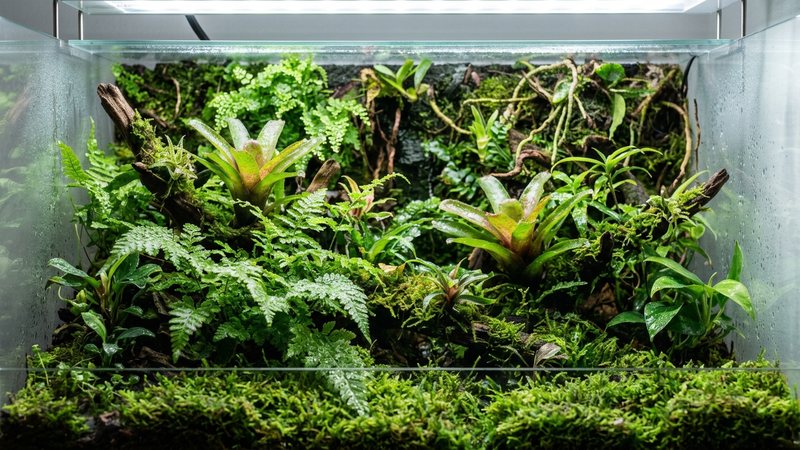la parte alta de un paludario con vapor de agua flotando sobre las plantas emergidas, ambiente húmedo y neblinoso, hojas verdes brillantes cubiertas de rocío, sensación de selva tropical en miniatura