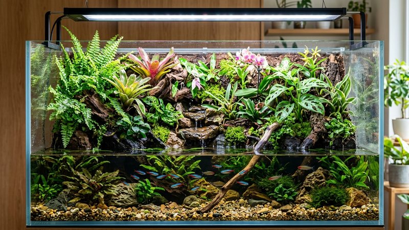 un paludario iluminado por una lámpara potente colocada en alto, la luz incidiendo con fuerza tanto en la zona acuática inferior como en las plantas emergidas superiores, colores vivos y realistas
