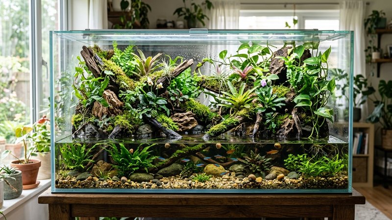 un plano general de un paludario frondoso y maduro con tapa de cristal, vegetación densa en emergido, zona de agua clara abajo, montaje equilibrado y muy natural visto de frente