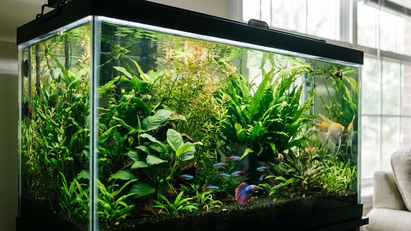 un acuario de agua dulce plantado y sano, con agua perfectamente cristalina, plantas verdes exuberantes y varios peces de colores vivos nadando en primer plano, todo en reposo y equilibrado