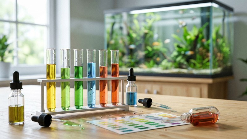 un kit de test de gotas para acuario con varios tubos de ensayo de colores apoyados en una gradilla sobre una mesa de madera clara, junto a un acuario cristalino de fondo desenfocado