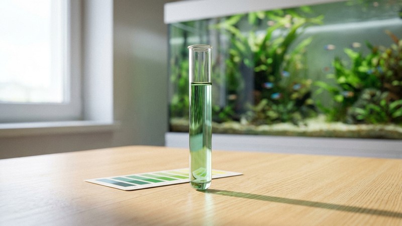 un solo tubo de ensayo lleno de agua teñida de verde apoyado sobre una mesa clara junto a una tarjeta de colores en reposo, con un acuario limpio desenfocado al fondo